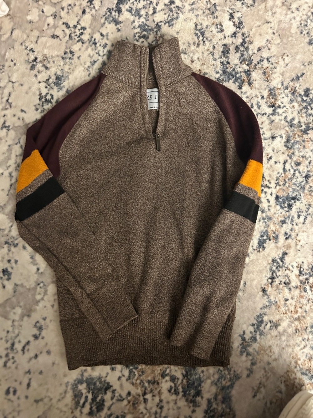 Quarter-Zip Heathered Brown Pullover with Colorblock Sleeves